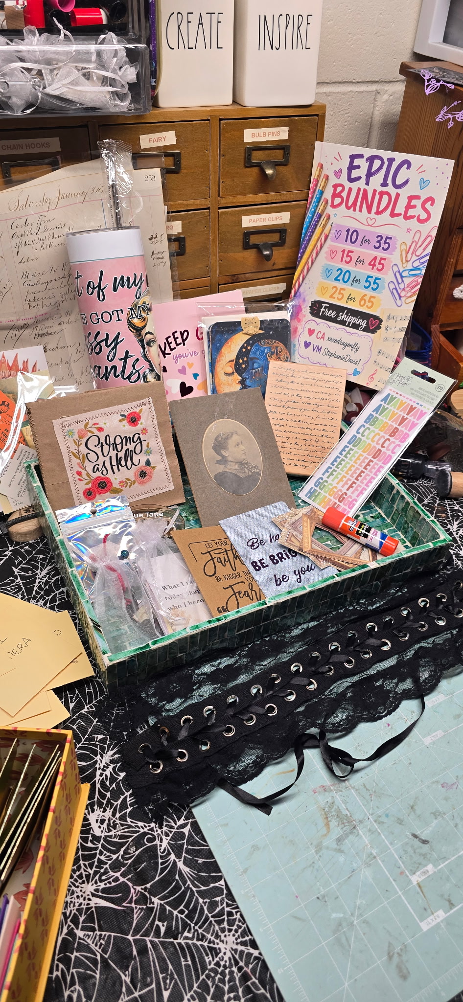 Tray of vintage cards, stickers, and journaling bits